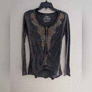 Witness Acid Wash Charcoal Long Sleeve Top with Gold Accents
